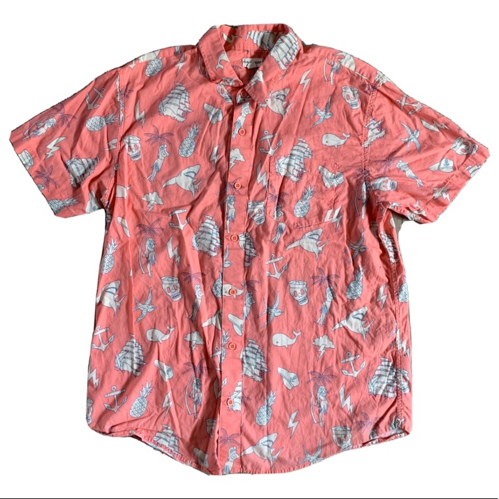 Public Access shark pineapple ship novelty print summer button front shirt